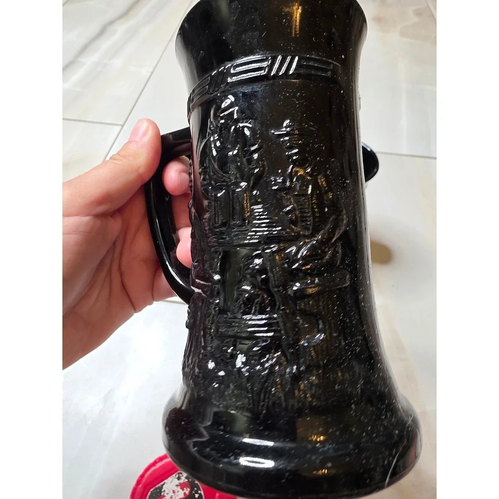Vintage Black Amethyst Glass Beer‎ Stein Tavern Scene Embossed Mug Set of 3 A5